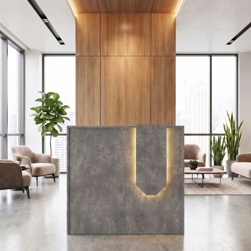 Navita Megapap melamine welcome desk - reception with LED in concrete grey color 113.6x42x111.8cm.