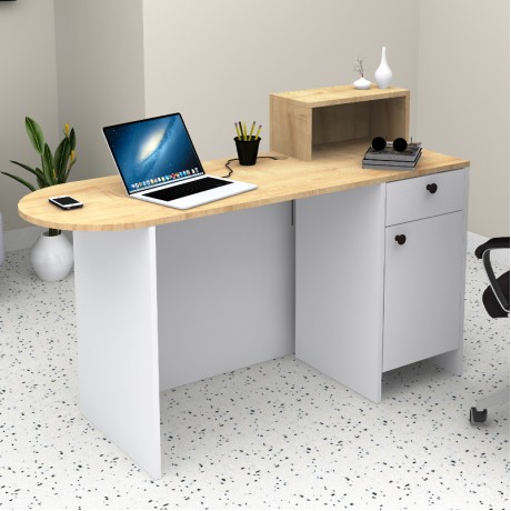 Rezio Megapap melamine reception desk in white - oak color 140x50x101.8cm.