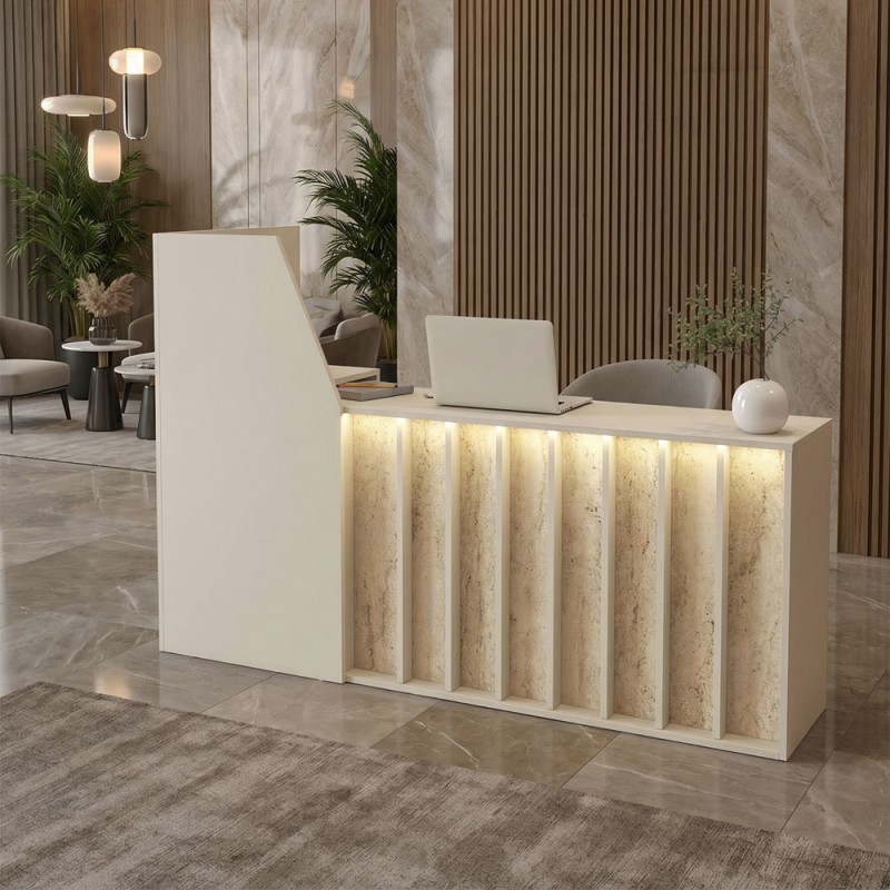Zegma Megapap melamine welcome desk - reception with LED in travertine - sandstone color 181.2x73.2x120cm.
