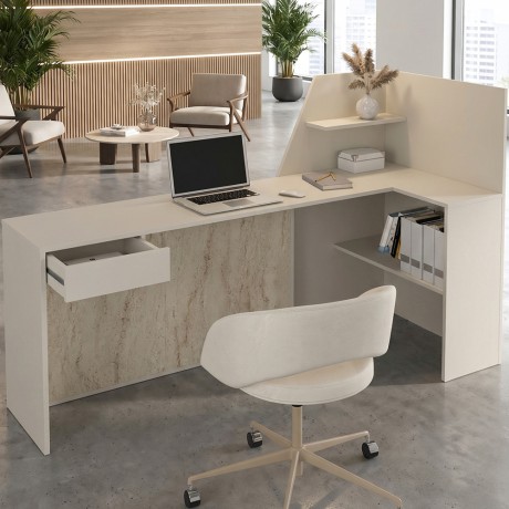 Zegma Megapap melamine welcome desk - reception with LED in travertine - sandstone color 181.2x73.2x120cm.