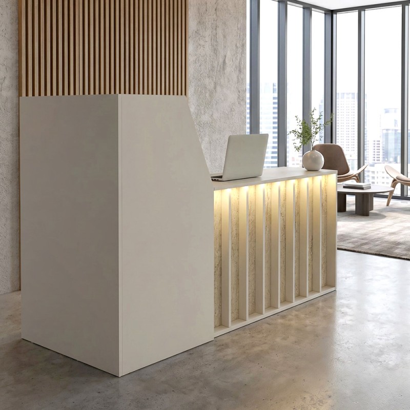 Zegma Megapap melamine welcome desk - reception with LED in travertine - sandstone color 181.2x73.2x120cm.