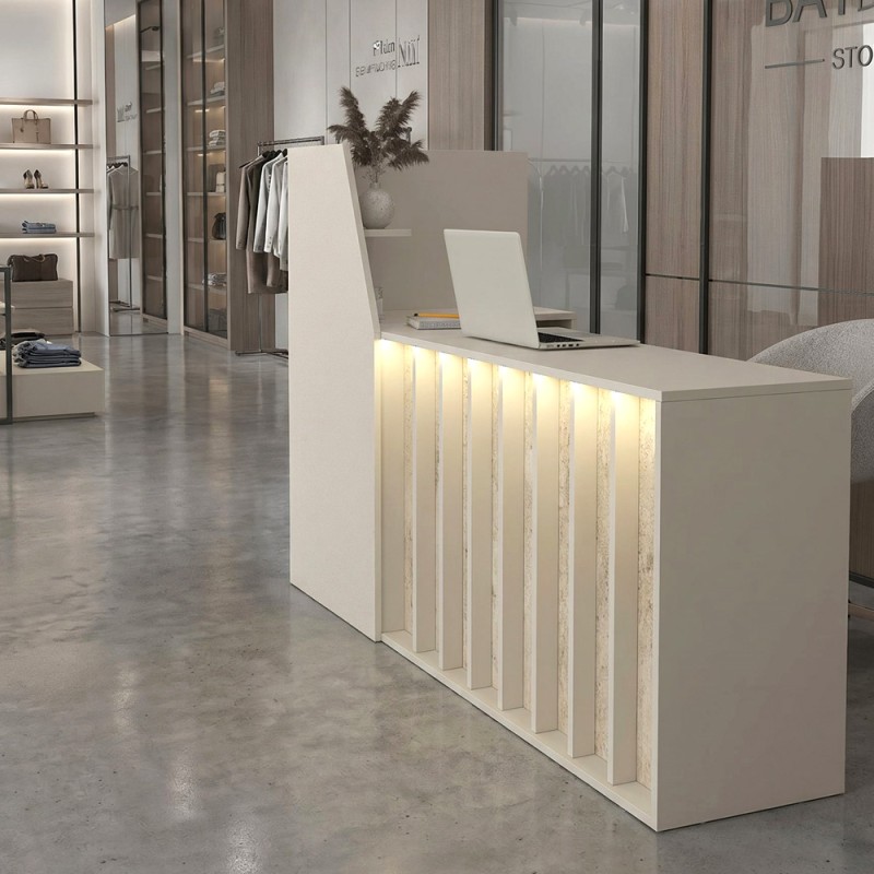 Zegma Megapap melamine welcome desk - reception with LED in travertine - sandstone color 181.2x73.2x120cm.