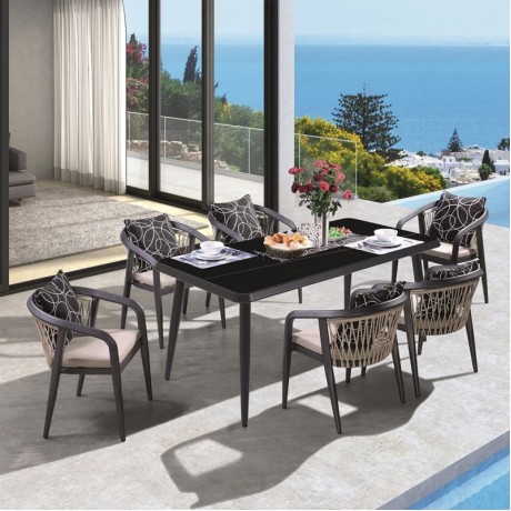 Σετ τραπεζαρία κήπου Jardin 7 τμχ αλουμίνιο ανθρακί - HPL μαύρο - Rope μπεζ 180x90x75εκ.
