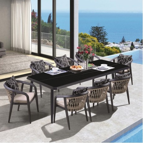Σετ τραπεζαρία κήπου Jardin 7 τμχ αλουμίνιο ανθρακί - HPL μαύρο - Rope μπεζ 220x100x75εκ.