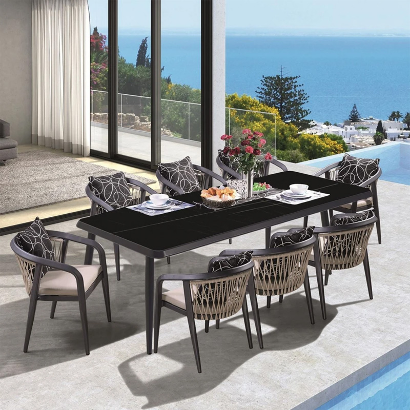 JARDIN Set Alu (Table 220x100cm+8 Armchairs) Anthracite/Cushions Beige-Dark grey