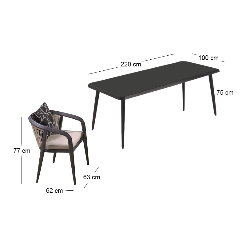 JARDIN Set Alu (Table 220x100cm+8 Armchairs) Anthracite/Cushions Beige-Dark grey