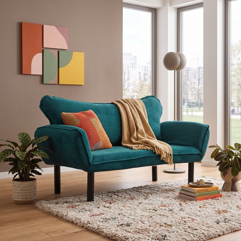 Chatto Megapap fabric two seater sofa bed in petrol green color 150x70x75cm.