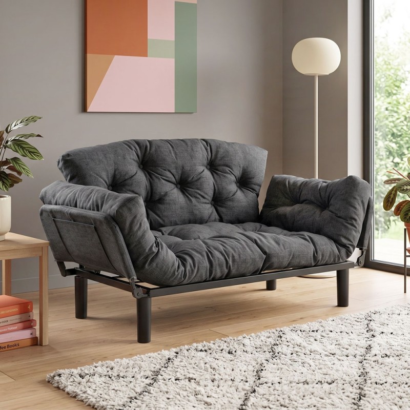 Nitta Megapap two seater fabric sofa bed in dark grey color 155x70x85cm.
