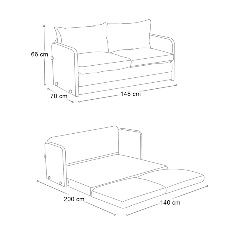 Saga XL Megapap fabric two seater sofa bed in grey color 148x70x66cm.