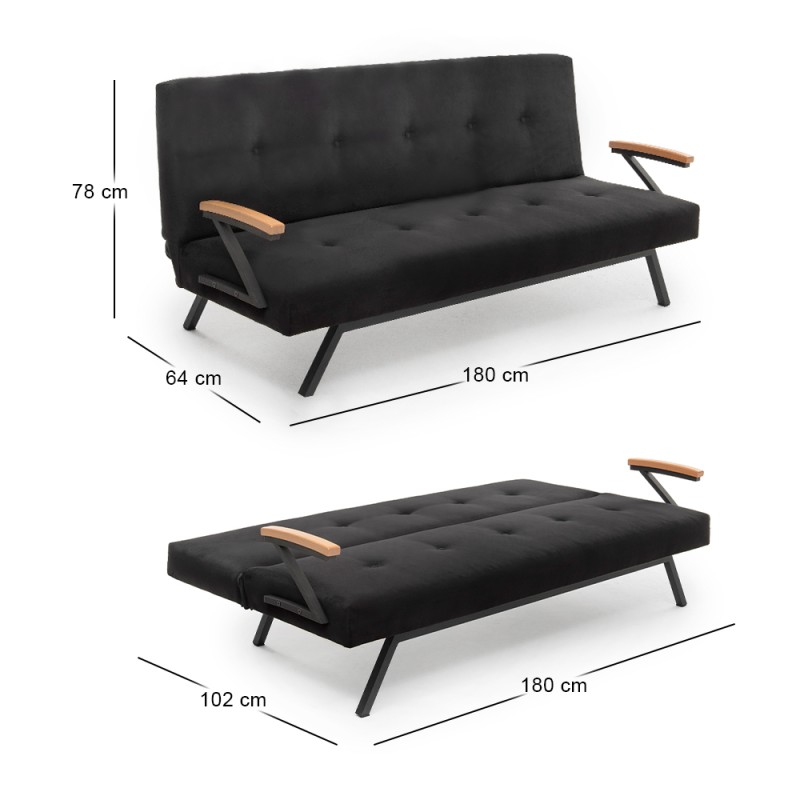 Zven Megapap three seater fabric sofa bed in black color 180x64x78cm.