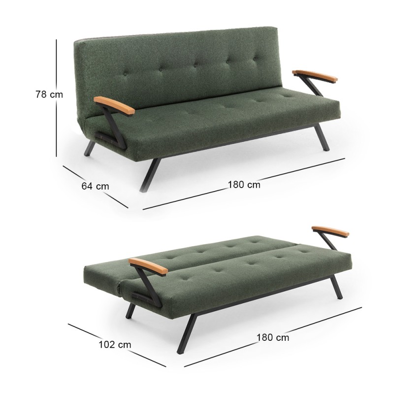 Zven Megapap three seater fabric sofa bed in green color 180x64x78cm.