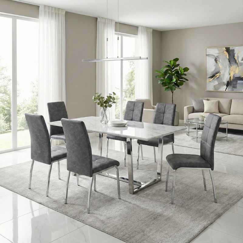 Alma Megapap pu leather dining chair in grey color with metal chrome legs 42x53x97cm.