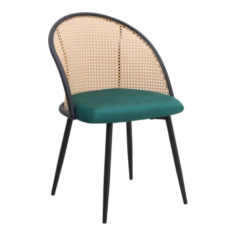 Jacob Megapap pe rattan - velvet dining chair in green color with black metal legs 52x50x77cm.