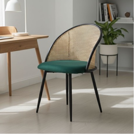 Jacob Megapap pe rattan - velvet dining chair in green color with black metal legs 52x50x77cm.