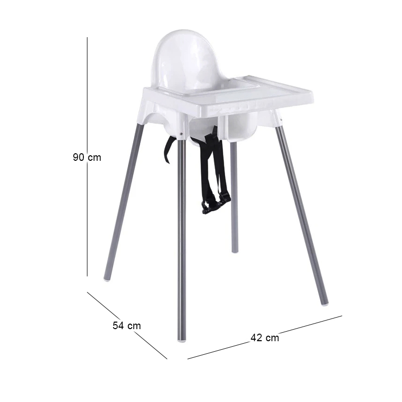 BABY Highchair with tray, PP White, Metal Grey