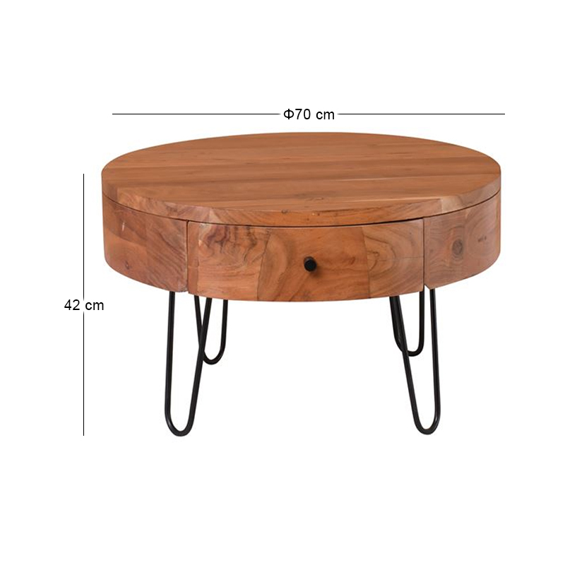 KARIM-W Coffee Table d.70x42 (1-Drawer) Acacia Natural Finish (Black Paint)