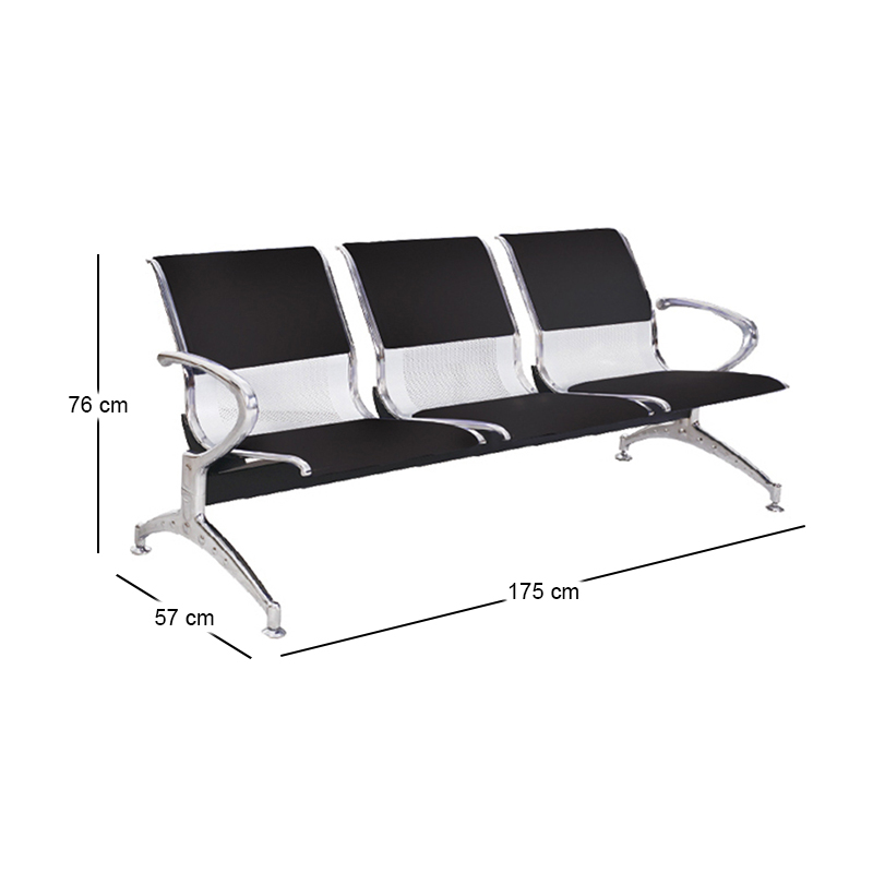 Waiting Seat 3-Seater Steel Mesh Grey/Pvc Black (Chrome Frame)