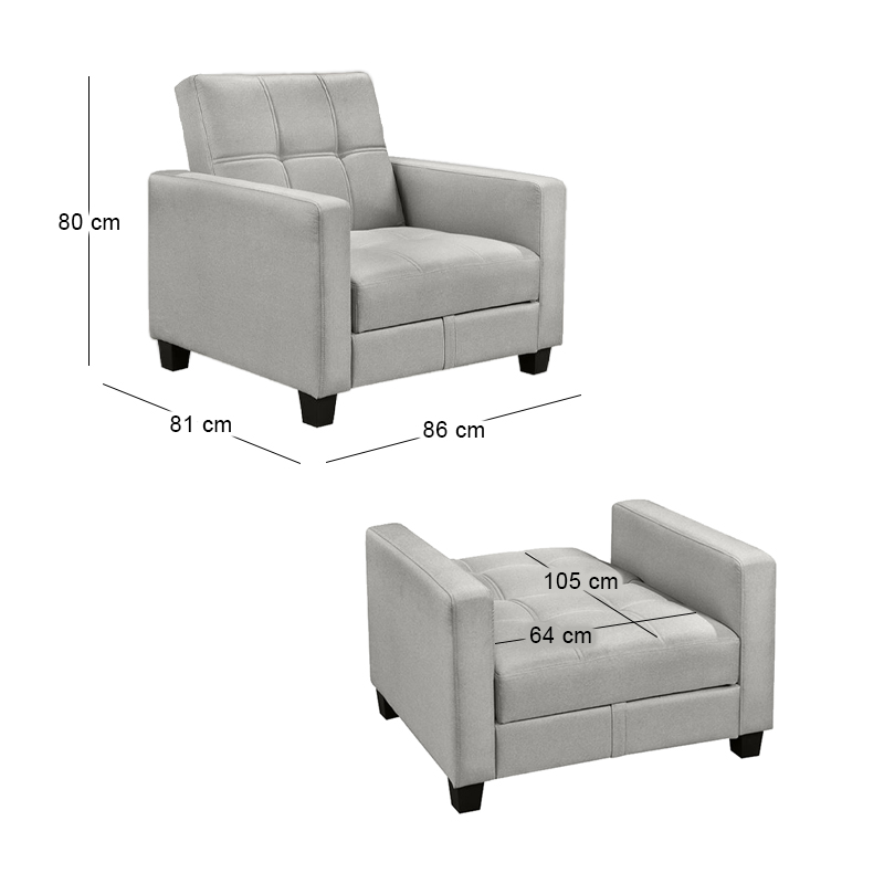 KELSO Armchair Bed w/Storage, Fabric Light Grey
