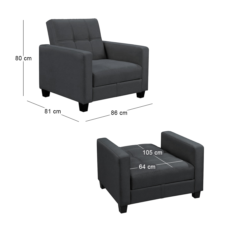 KELSO Armchair Bed w/Storage, Fabric Black