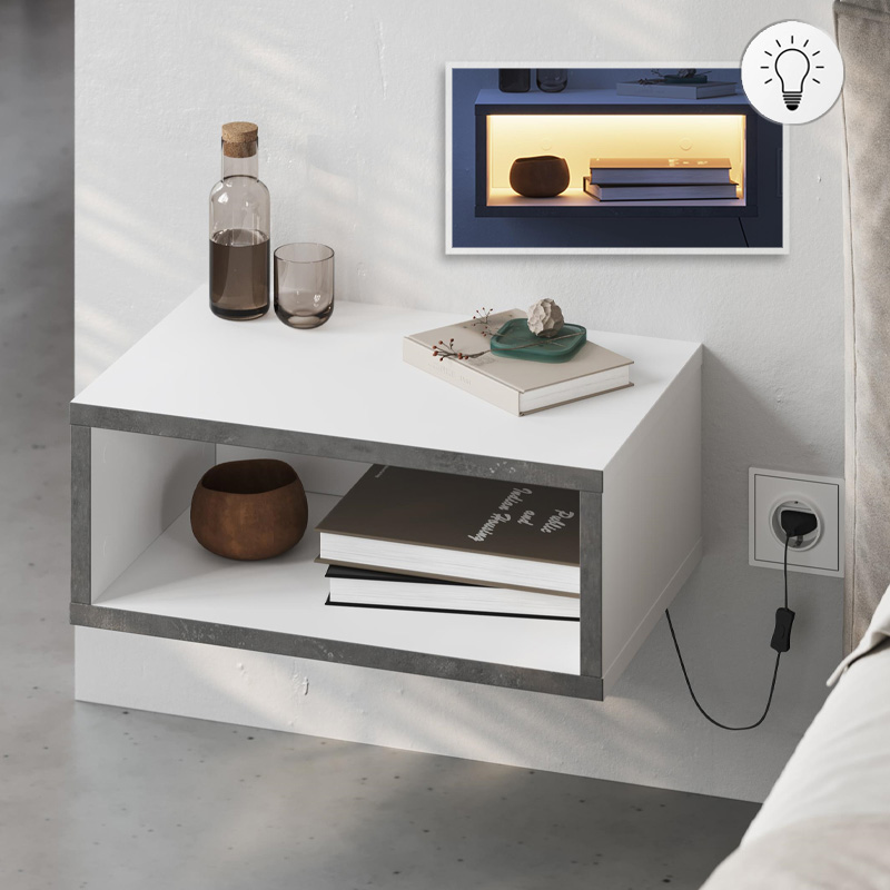 Brik Megapap wall mounted nighstand with LED light in white - grey retro color 45x30x18cm.