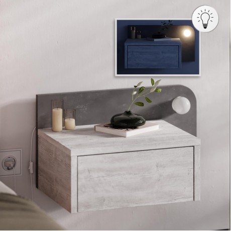 Κομοδίνο επιτοίχιο Dotta Megapap με LED χρώμα λευκό αντικέ - γκρι ρετρό 52x33,6x28εκ.