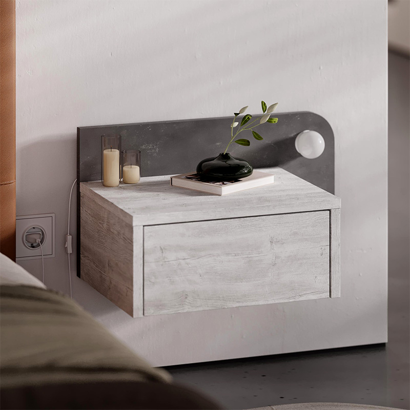Dotta Megapap wall mounted nighstand with LED light in ancient white - grey retro color 52x33.6x28cm.