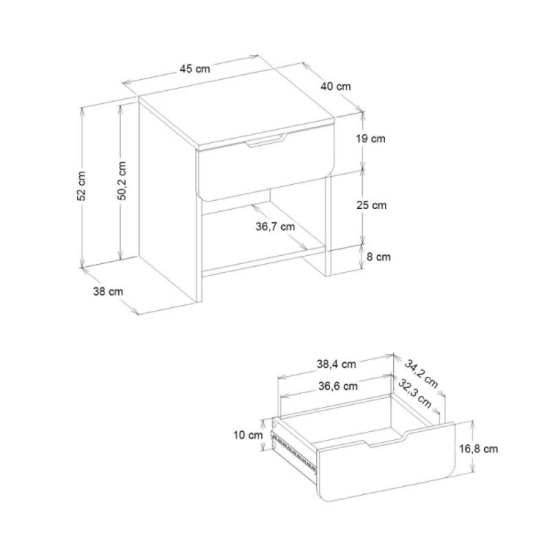 Mida Megapap melamine nightstand in white color 45x40x52cm.