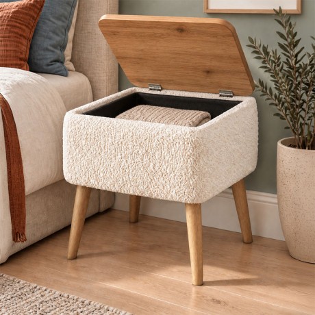 Κομοδίνο Nivo Megapap ύφασμα teddy χρώμα λευκό - pine oak 45x35x45εκ.