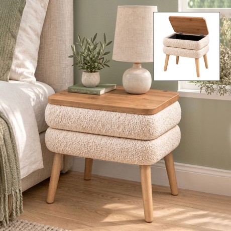 Κομοδίνο Nivo Megapap ύφασμα teddy χρώμα λευκό - pine oak 50x45x45εκ.