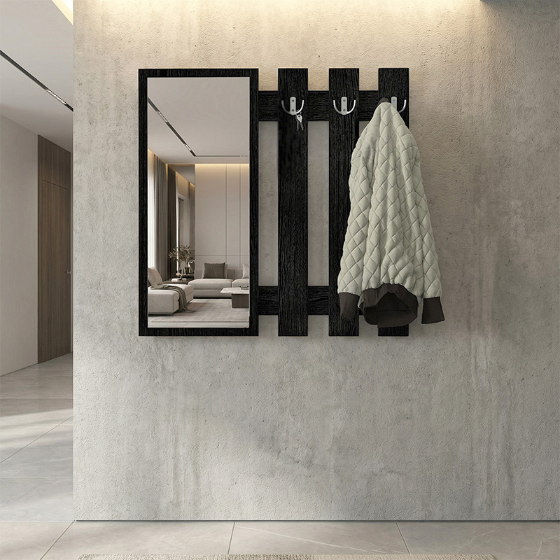 Folin Megapap melamine wall coat hanger with mirror in sencron black color 90x4x90cm.