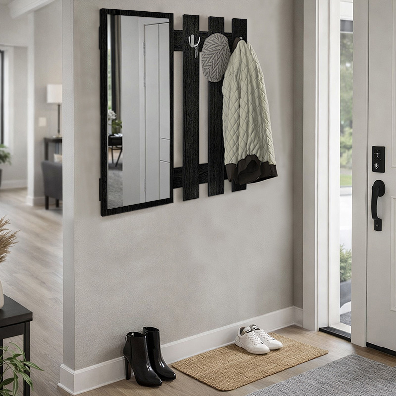 Folin Megapap melamine wall coat hanger with mirror in sencron black color 90x4x90cm.