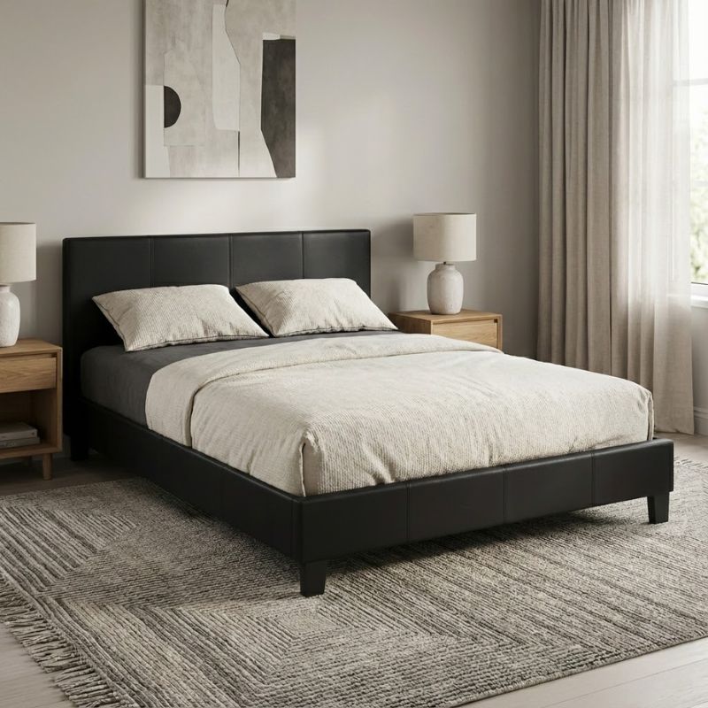 Flat Megapap PU leather bed in black matte color 140x190cm.