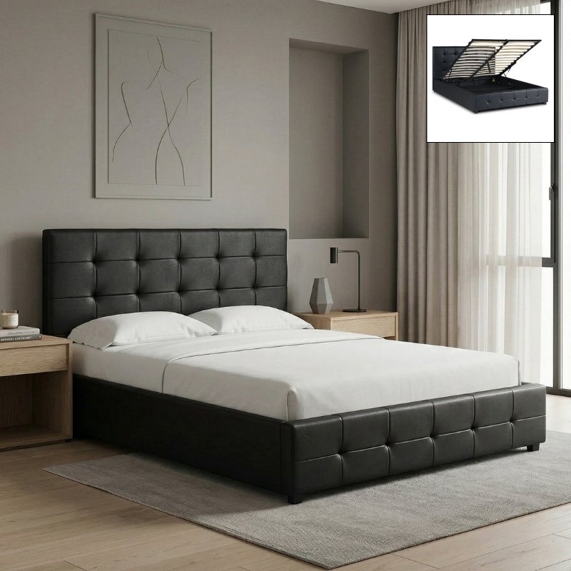 Iro Megapap PU leather bed with storage space in black color 160x200cm.
