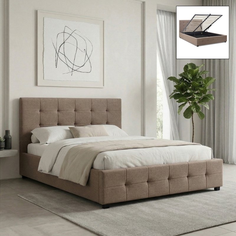 Iro Megapap fabric bed with storage space in beige brown color 150x200cm.