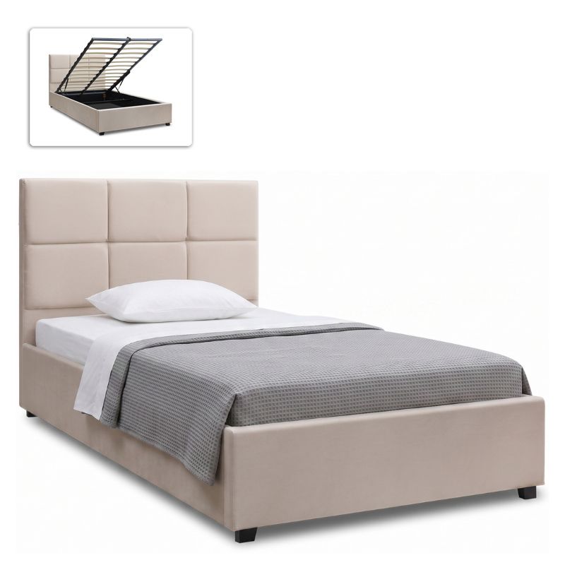 Kingston Megapap velvet bed with storage space in cream color 100x200cm.