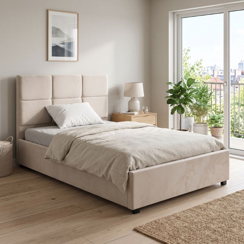 Kingston Megapap velvet bed with storage space in cream color 100x200cm.