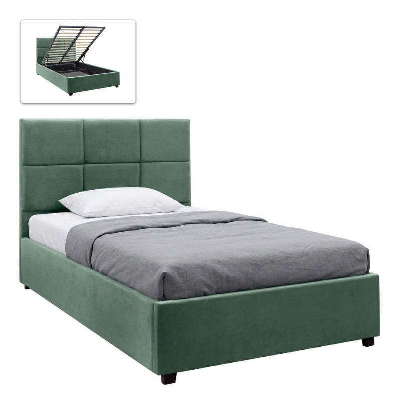 Kingston Megapap velvet bed with storage space in green color 100x200cm.
