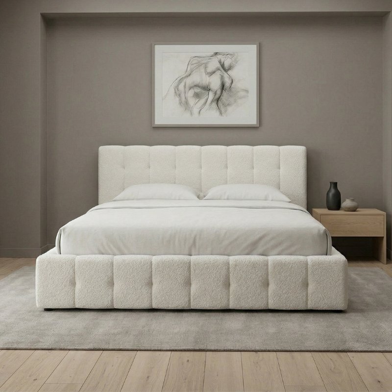 Norah Megapap bouclé fabric bed with storage space in ivory color 160x200cm.