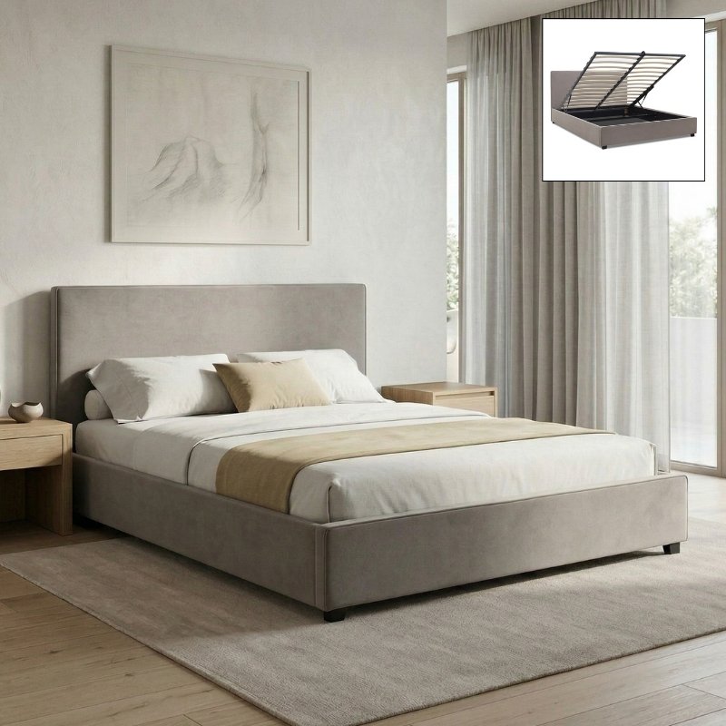Verona Megapap fabric bed with storage space in grey beige color 160x200cm.