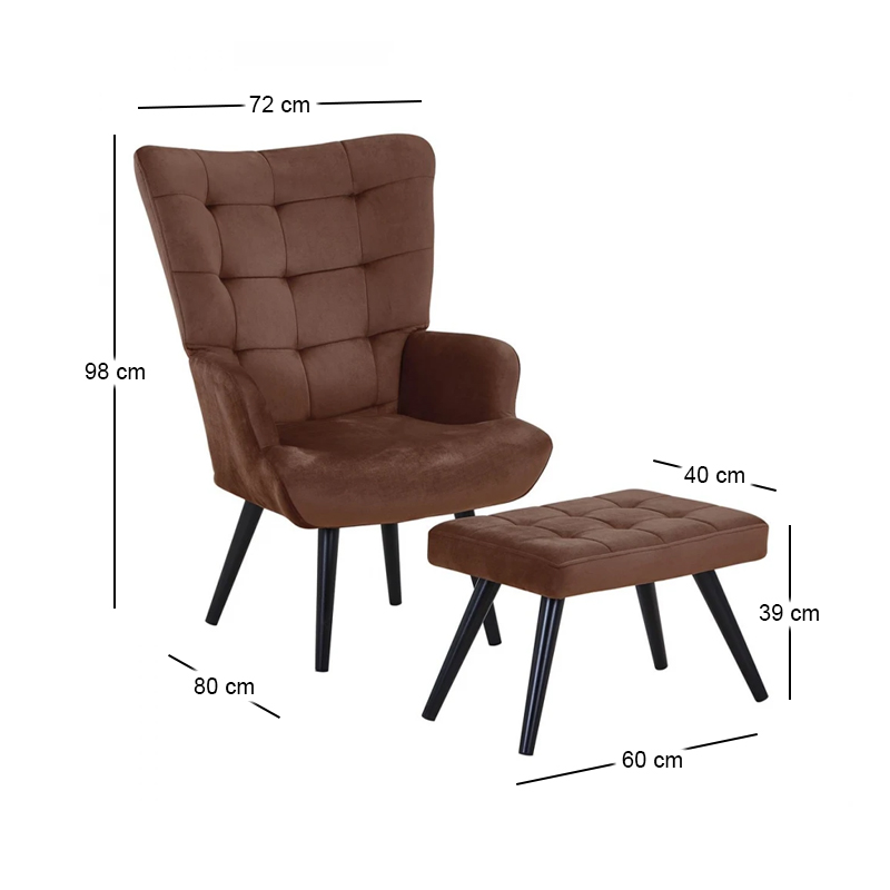 LOBBY Set Armchair & Stool Metal Black/Velure Brown