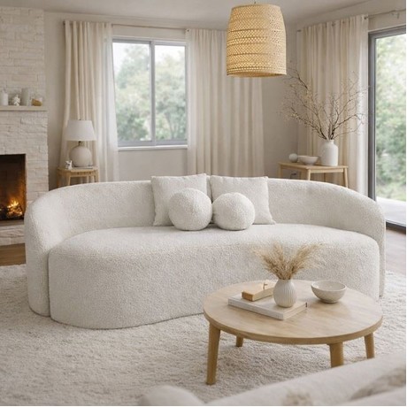 LYON 2-Seater Sofa Teddy White Fabric