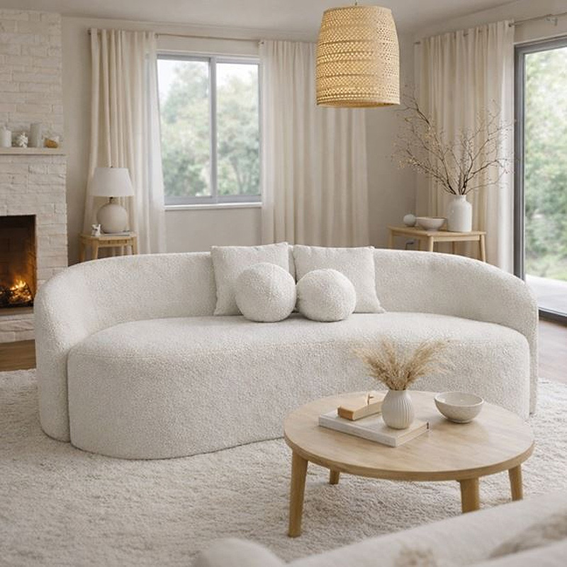 LYON 2-Seater Sofa Teddy White Fabric