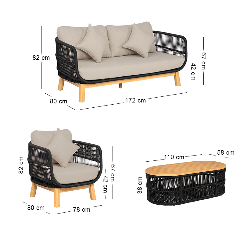 MARK Set (4pcs) Acacia Natural, Rope Wicker Black, Cushions Beige