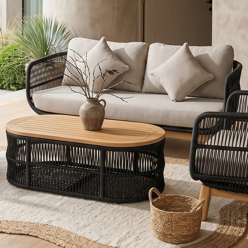 MARK Set (4pcs) Acacia Natural, Rope Wicker Black, Cushions Beige