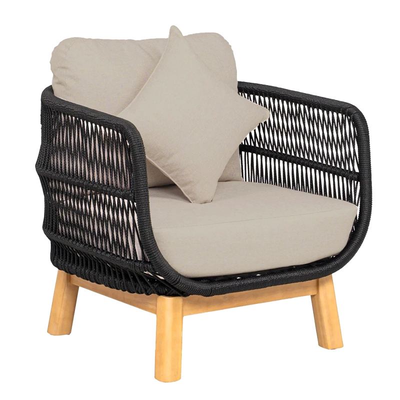 MARK Set (4pcs) Acacia Natural, Rope Wicker Black, Cushions Beige