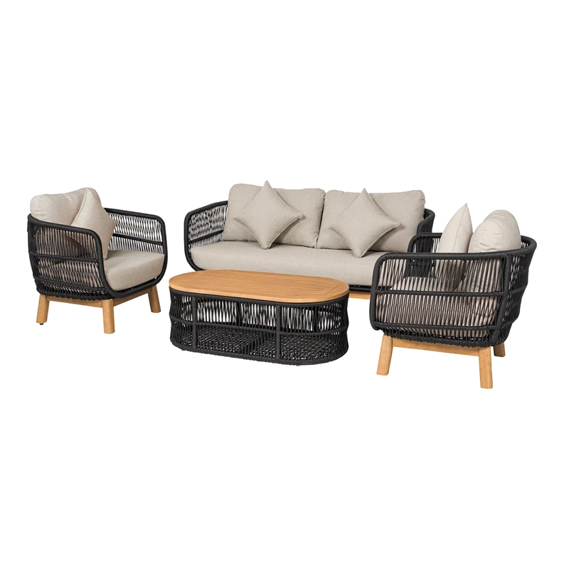 MARK Set (4pcs) Acacia Natural, Rope Wicker Black, Cushions Beige