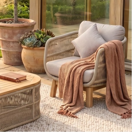 MARK Set (4pcs) Acacia Natural, Rope Wicker Beige, Cushions Beige