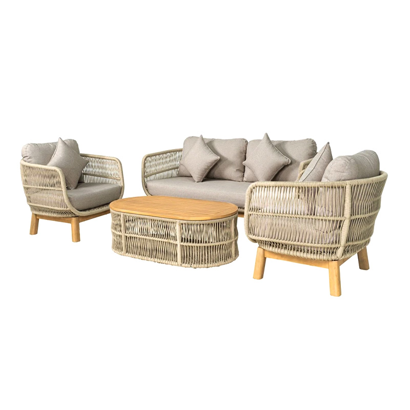 MARK Set (4pcs) Acacia Natural, Rope Wicker Beige, Cushions Beige