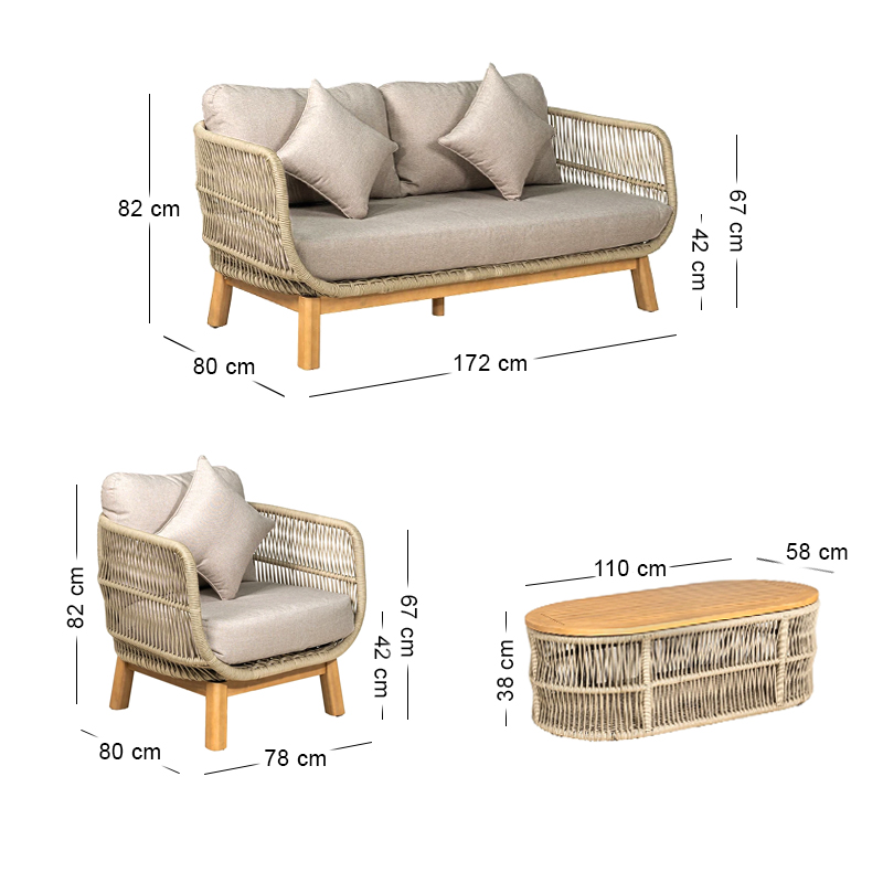 MARK Set (4pcs) Acacia Natural, Rope Wicker Beige, Cushions Beige