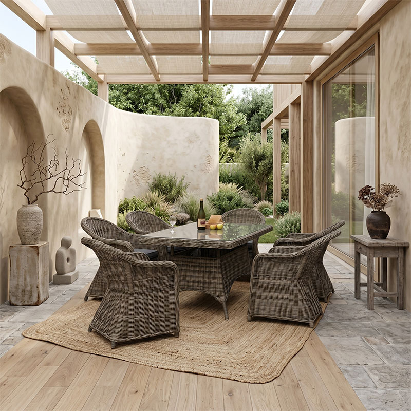 MONTANA Set Alu Table 160x90+6 Armchairs Grey Brown Wicker